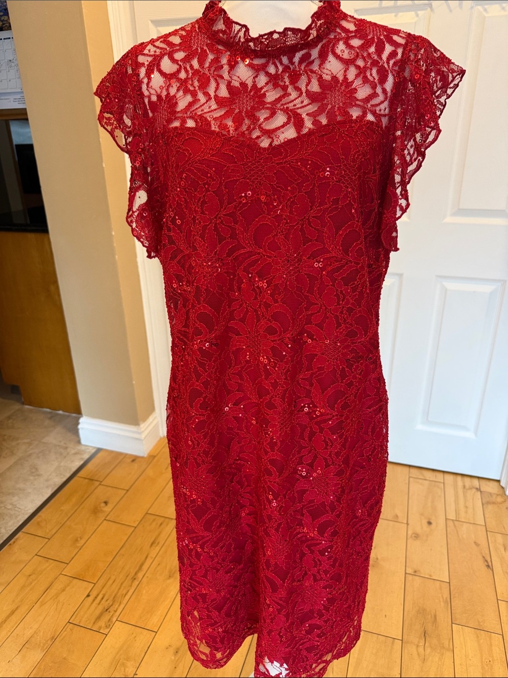 Elegant Red Lace Cocktail Dress with High Neck
